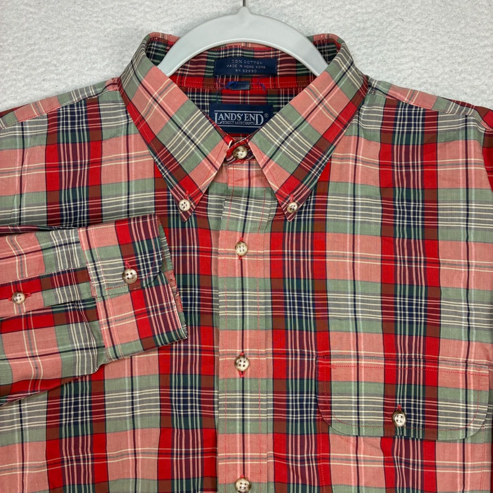 Vintage Lands End Oxford Shirt Men L Red Tartan Plaid OCBD Button Down 90s